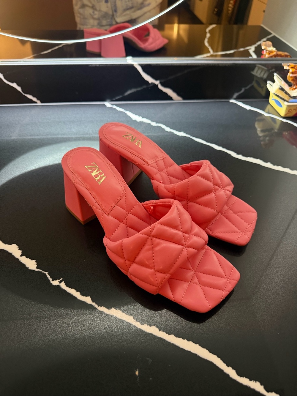ZARA Quilted Coral-Pink Block Heel Mules